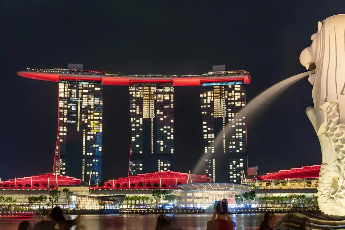 Illuminated resort and entertainment complex at night
